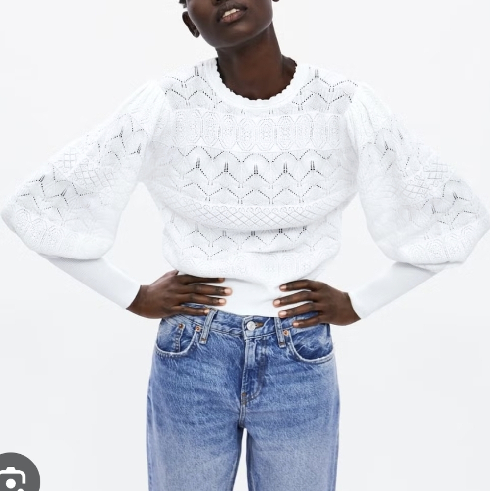 Zara White Crochet Knit Sweater With Balloon Sleeves